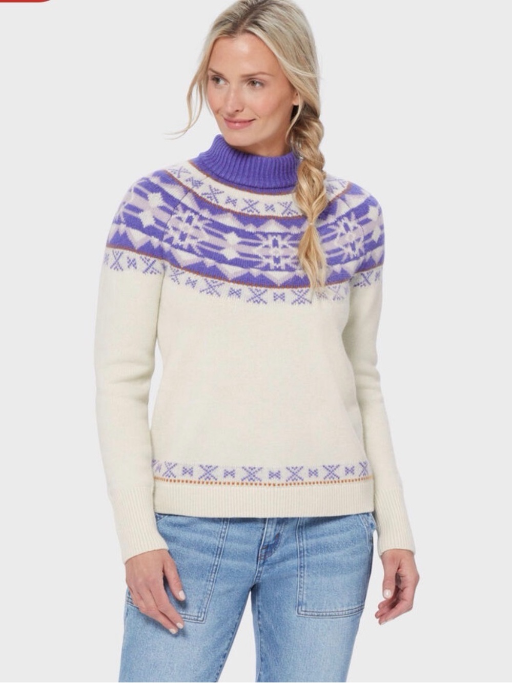 Duluth Trading Co Wool Alpaca Blend Cream Purple Fair Isle Turtleneck Sweater S